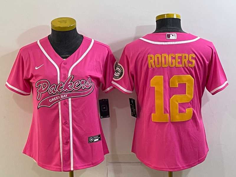 Womens Green Bay Packers #12 Aaron Rodgers Pink Gold With Patch Cool Base Stitched Baseball Jersey